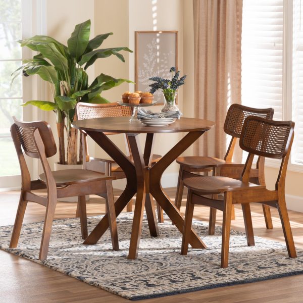 Baxton Studio Linnet Mid-Century Modern Walnut Brown Finished Wood and Rattan 5-Piece Dining Set Hot on Sale