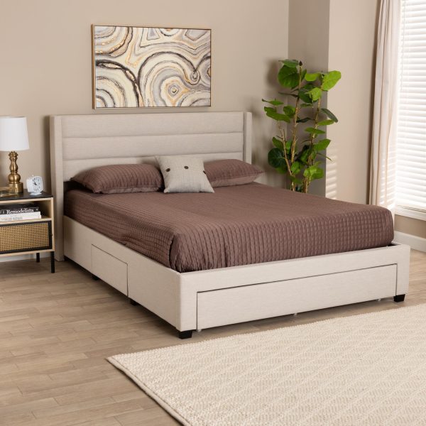 Baxton Studio Braylon Mid-Century Modern Transitional Beige Fabric and Dark Brown Finished Wood Full Size 3-Drawer Storage Platform Bed Online Sale