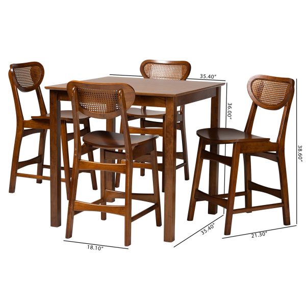 Baxton Studio Hesper Mid-Century Modern Walnut Brown Finished Wood and Rattan 5-Piece Pub Set Discount - Image 3