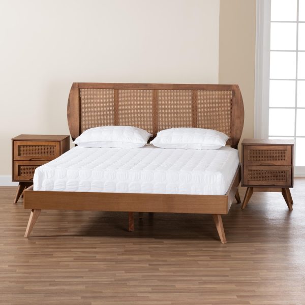 Baxton Studio Asami Mid-Century Modern Walnut Brown Finished Wood and Woven Rattan Full Size 3-Piece Bedroom Set For Cheap - Image 4