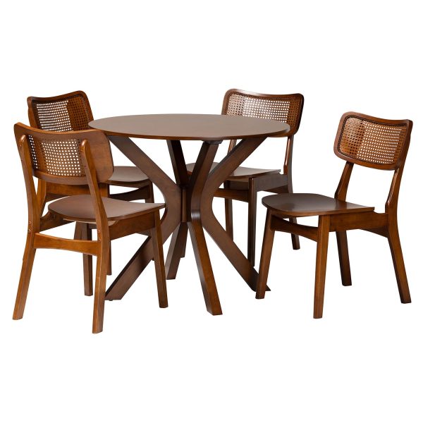 Baxton Studio Linnet Mid-Century Modern Walnut Brown Finished Wood and Rattan 5-Piece Dining Set Hot on Sale - Image 4