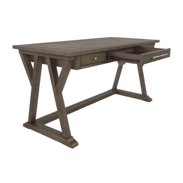 Three Drawer Wooden Desk with Cross Brace Stretcher and Faux Bluestone Top, Gray By Benzara on Sale - Image 5