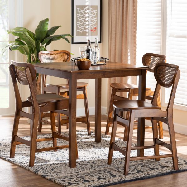 Baxton Studio Hesper Mid-Century Modern Walnut Brown Finished Wood and Rattan 5-Piece Pub Set Discount