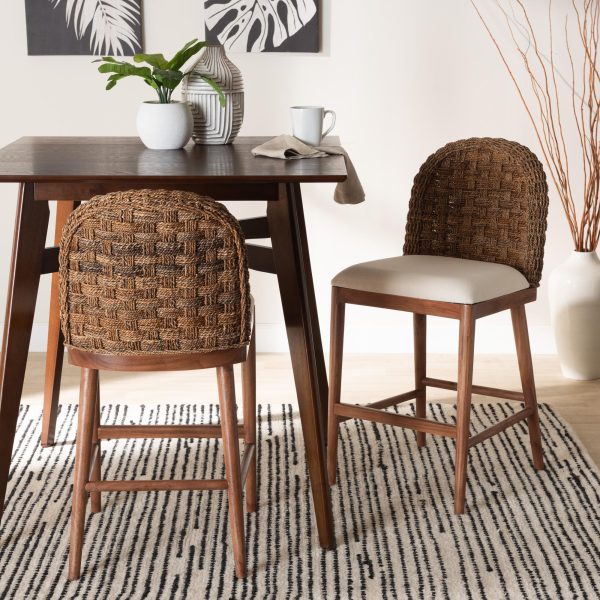 Baxton Studio bali & pari Denver Modern Bohemian Walnut Brown Finished Acacia Wood and Seagrass 2-Piece Counter Stool Set Hot on Sale