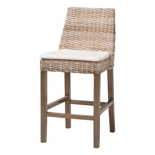 Baxton Studio bali & pari Toby Modern Bohemian Grey Kubu Rattan and Rustic Taupe Finished Mahogany Wood Counter Stool Sale - Image 4