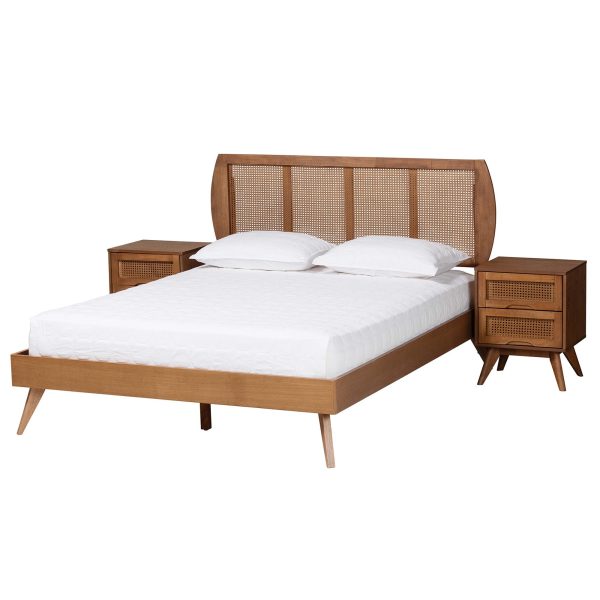 Baxton Studio Asami Mid-Century Modern Walnut Brown Finished Wood and Woven Rattan Full Size 3-Piece Bedroom Set For Cheap - Image 5