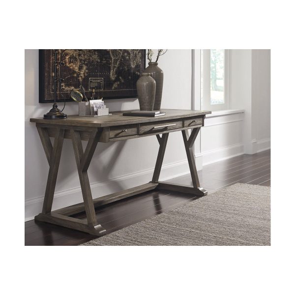 Three Drawer Wooden Desk with Cross Brace Stretcher and Faux Bluestone Top, Gray By Benzara on Sale