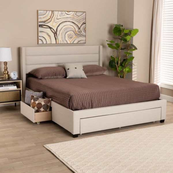 Baxton Studio Braylon Mid-Century Modern Transitional Beige Fabric and Dark Brown Finished Wood Queen Size 3-Drawer Storage Platform Bed For Discount - Image 4