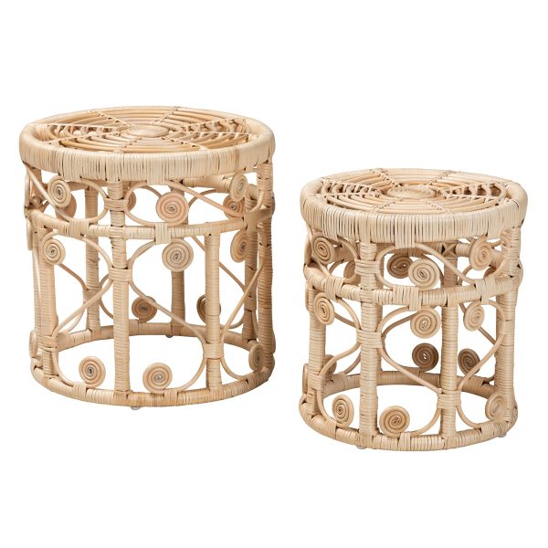 Baxton Studio bali & pari Bowie Modern Bohemian Natural Brown Rattan 2-Piece Nesting End Table Set For Sale - Image 3