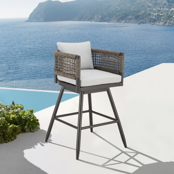 Alegria Outdoor Patio Swivel Counter Stool in Aluminum with Gray Rope and Light Gray Cushions By Armen Living Fashion