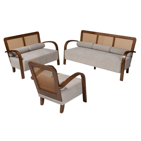 Baxton Studio Sage Modern Japandi Light Grey Fabric and Walnut Brown Finished Wood 3-Piece Living Room Set with Woven Rattan For Sale - Image 2