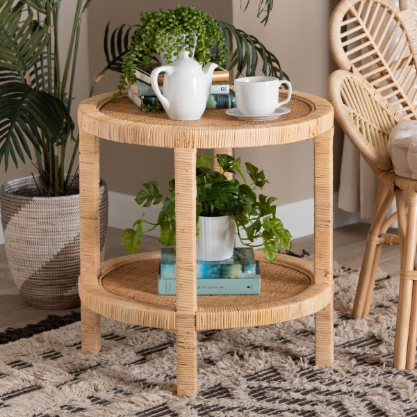 Baxton Studio bali & pari Bella Modern Bohemian Natural Brown Mahogany Wood and Natural Rattan 2-Tier End Table For Sale