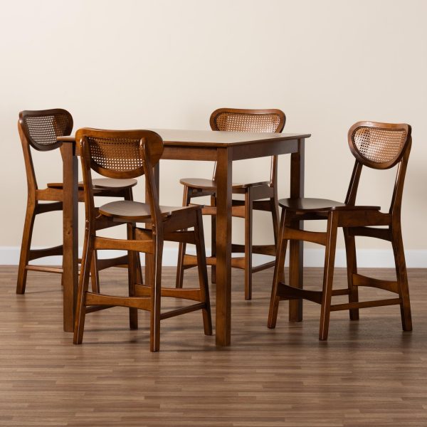 Baxton Studio Hesper Mid-Century Modern Walnut Brown Finished Wood and Rattan 5-Piece Pub Set Discount - Image 2