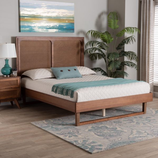 Baxton Studio Rondell Mid-Century Modern Ash Walnut Woven Rattan King Size Bed Supply