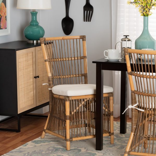 Baxton Studio bali & pari Kim Modern Bohemian White Fabric and Natural Brown Rattan Dining Chair Discount