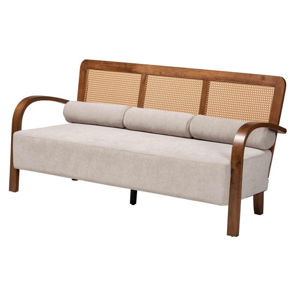 Baxton Studio Sage Modern Japandi Light Grey Fabric and Walnut Brown Finished Wood 3-Piece Living Room Set with Woven Rattan For Sale - Image 5