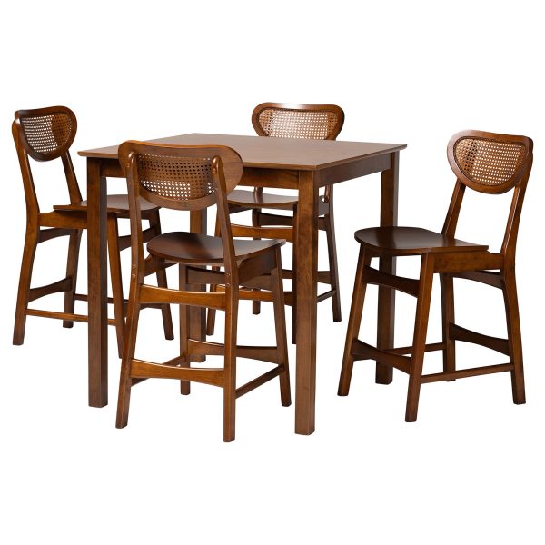 Baxton Studio Hesper Mid-Century Modern Walnut Brown Finished Wood and Rattan 5-Piece Pub Set Discount - Image 4