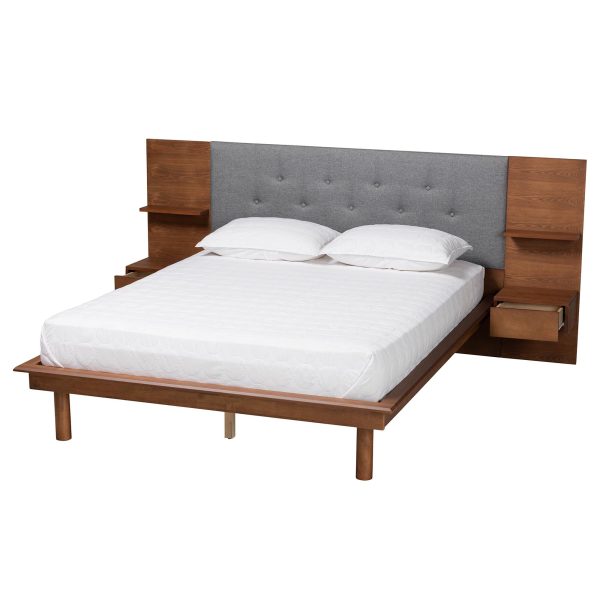 Baxton Studio Eliana Mid-Century Modern Transitional Grey Fabric and Ash Walnut Finished Wood King Size Platform Storage Bed with Built-In Nightstands For Sale - Image 3
