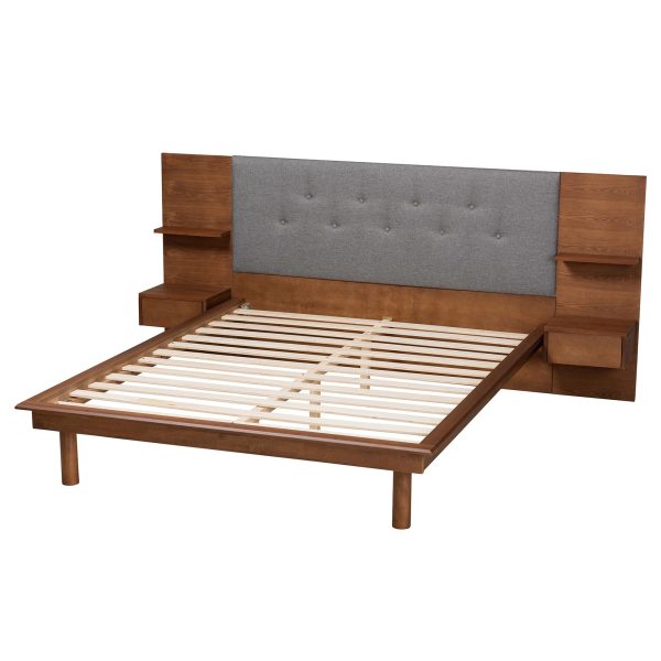 Baxton Studio Eliana Mid-Century Modern Transitional Grey Fabric and Ash Walnut Finished Wood King Size Platform Storage Bed with Built-In Nightstands For Sale - Image 5